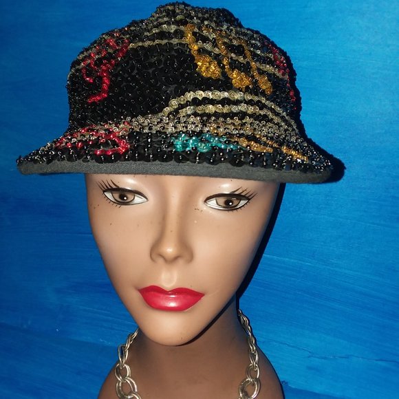 VTG. JC Womens 80’s Sequin Baseball Cap Disco Rare Black Red Gold main image 13